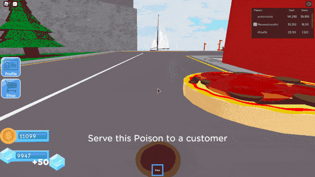 Me in Roblox Pizza Tycoon holding a pizza with the text 'Serve this Poison to a customer' on the screen.