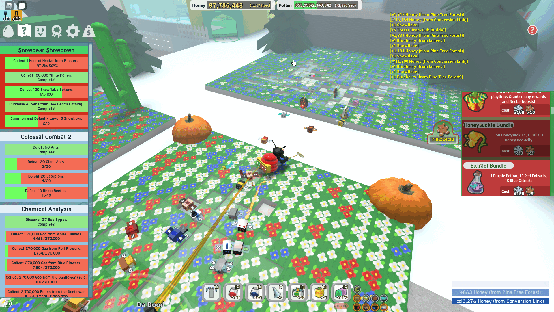 Me in Roblox Bee Swarm Simulator standing in the Pumpkin Field. The quest menu includes 'Collect 100 Snowflake Tokens 69/100'.