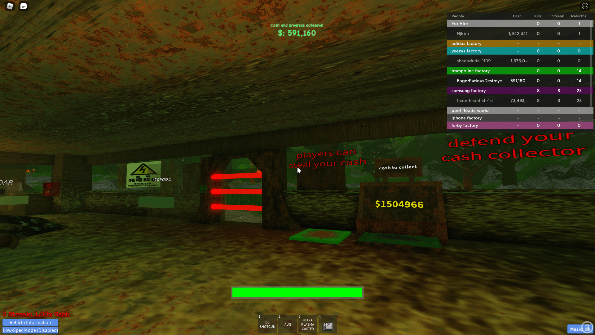 Me in Roblox Labor Island Tycoon looking at text that reads 'players can steal your cash'.