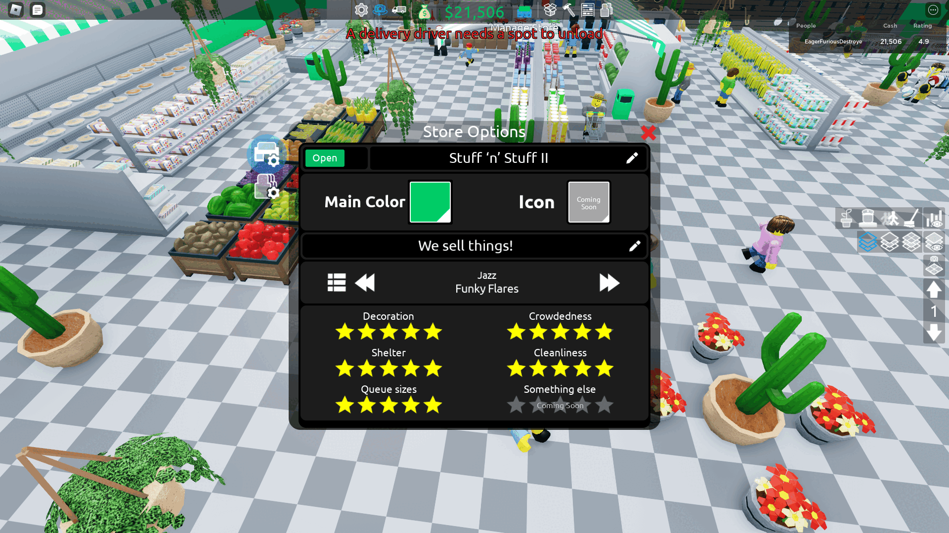 The Store Options screen in Roblox Retail Tycoon 2. Decoration, Shelter, Queue Sizes and Cleanliness are all at 5 stars while the 5th star of Crowdedness is 9/10 filled.
