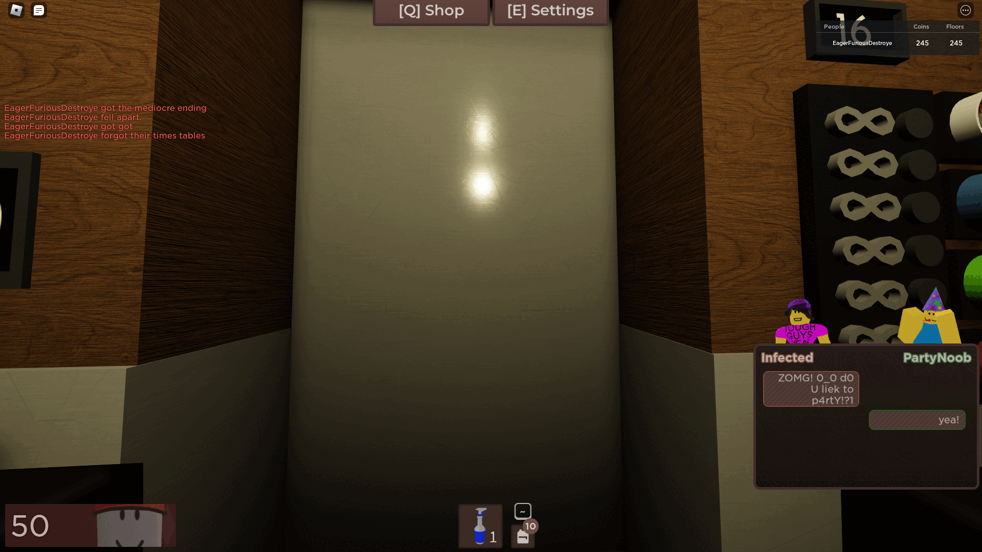 Me in Roblox Regretevator. The leaderboard states that I have 245 Coins and 245 Floors. There is an ongoing conversation between Infected, who is saying 'ZOMG! 0_0 d0 U liek to p4rtY!?1' with PartyNoob responding with 'yea!'.