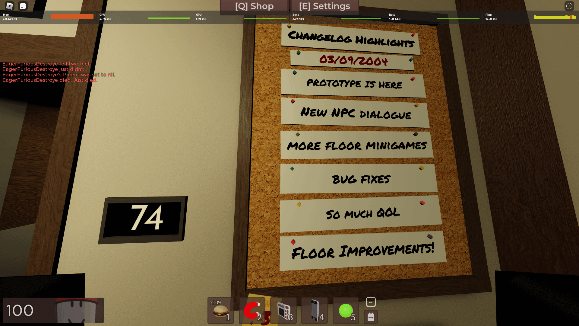 Me in Roblox Regretevator looking at the Changelog Highlights, which states that the date is '03/09/2004', and that the 'prototype is here'.