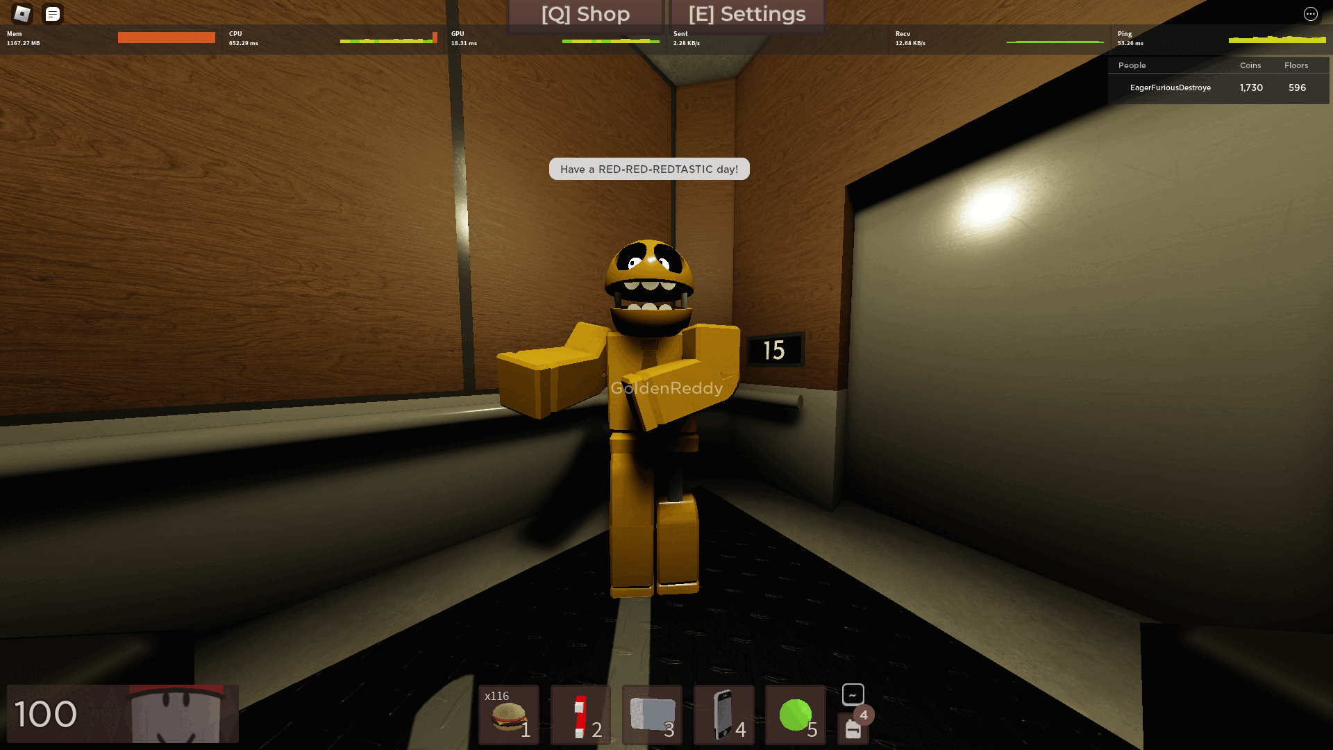 Me in Roblox Regretevator looking at 'GoldenReddy' who is saying 'Have a RED-RED-REDTASTIC day!'. The leaderboard states that I have 1,730 Coins and 596 Floors.