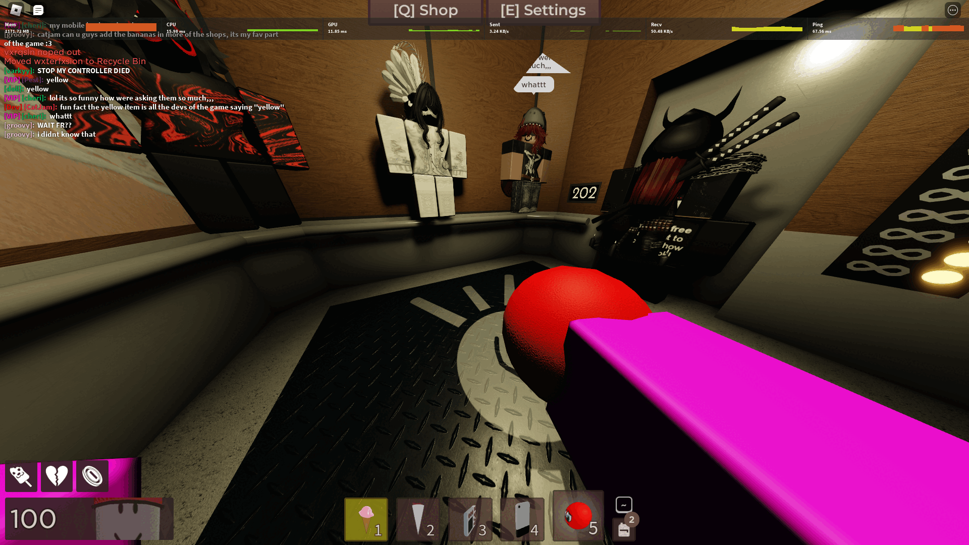 Me in Roblox Regretevator holding the Red Teddy item. The chat includes '[Dev][CatJam]: fun fact the yellow item is all the devs of the game saying "yellow"'.