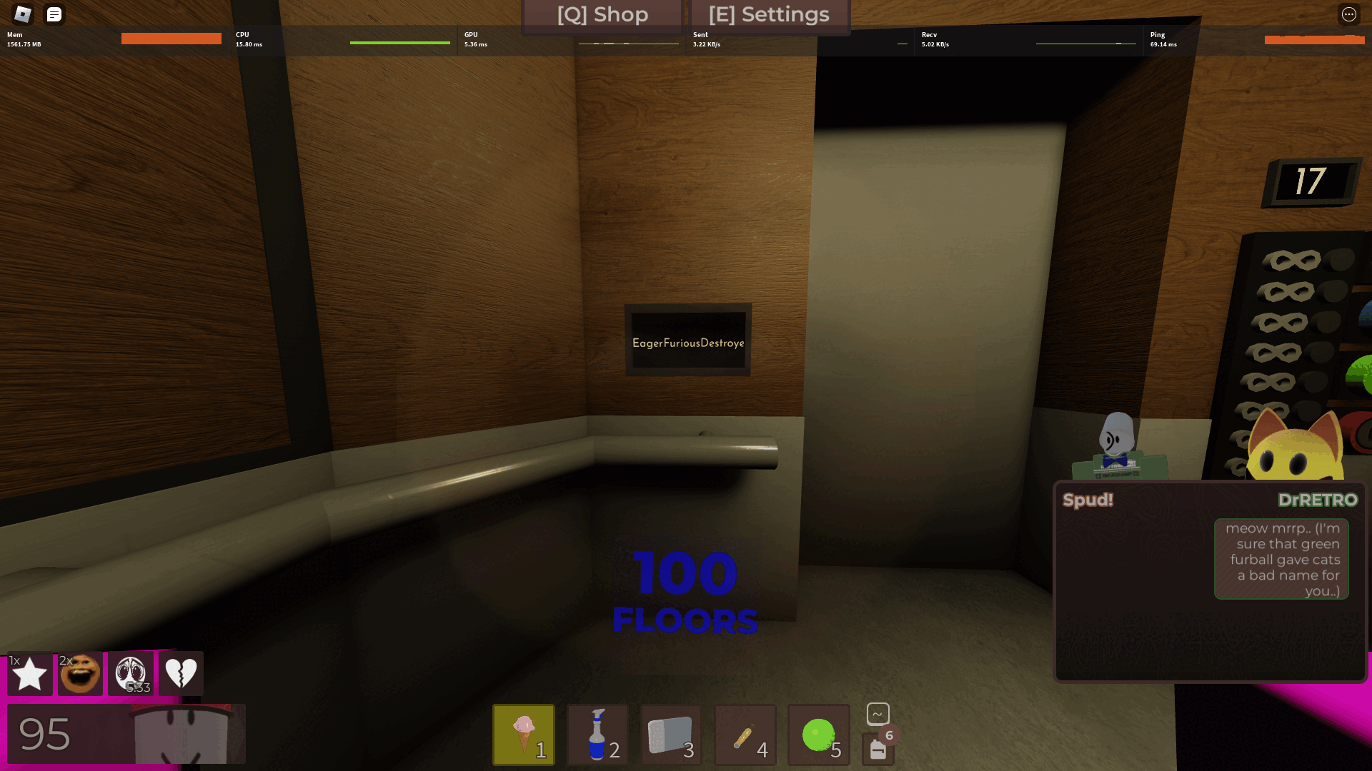 one of many me in regretevator. a blue counter reads 100 floors.