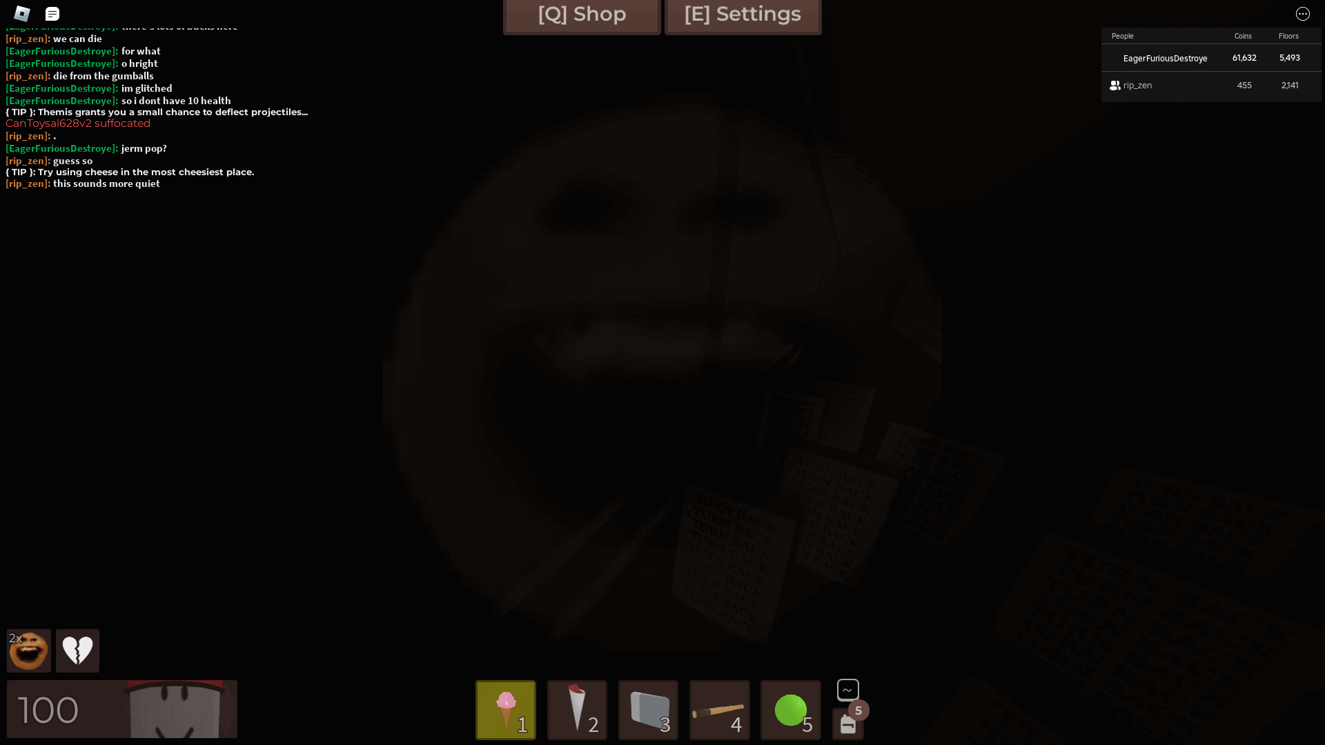 It hurts... or does it? (VSauce Michael walks in) Me and my friend on the Neurotoxin Hotel floor. I have the "glitch" where I can have the cracked heart effect thingy that gives extra coins but without the health loss.