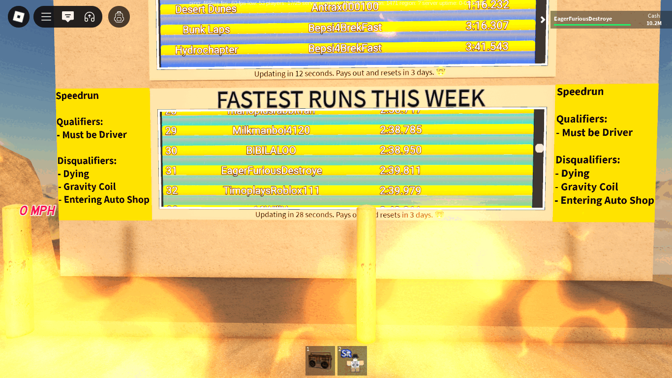 Take that, TimoplaysRoblox111 Me in Drive Cars Down a Hill. I am 31st on the leaderboard with a time of 2 minutes 39 seconds and 811 milliseconds.