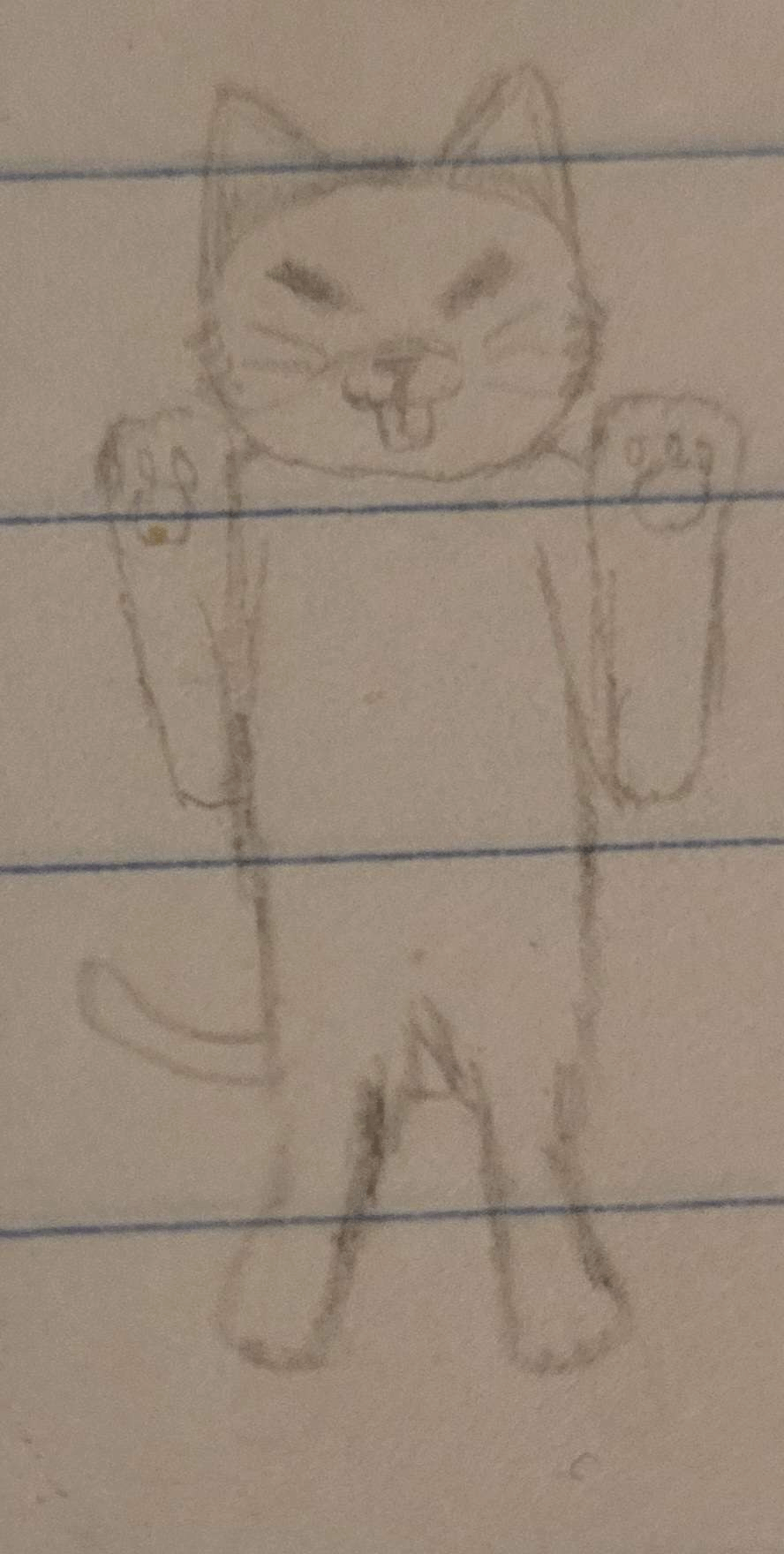 A cat sitting on its hind and sticking out its tounge while raising its forepaws.