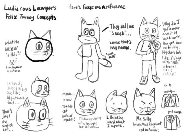 this took me like 2 hours to make in total methinks A planning page featuring various designs of cat heads and a poorly drawn full body of Felix Turney.