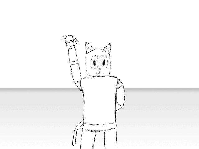 kitters a simple white floor with kitta standing and white sky