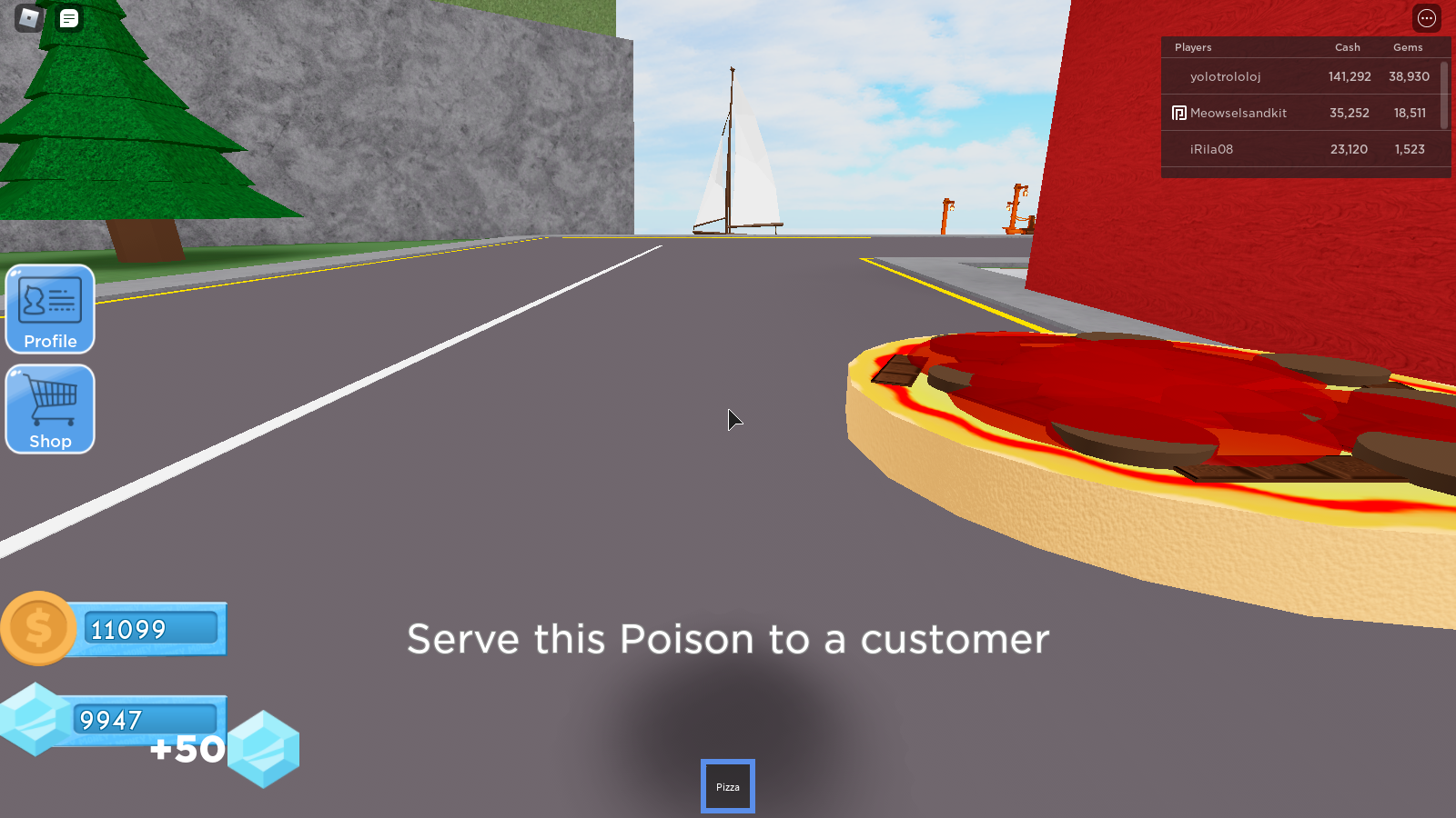 Me in Roblox Pizza Tycoon holding a pizza with the text 'Serve this Poison to a customer' on the screen.