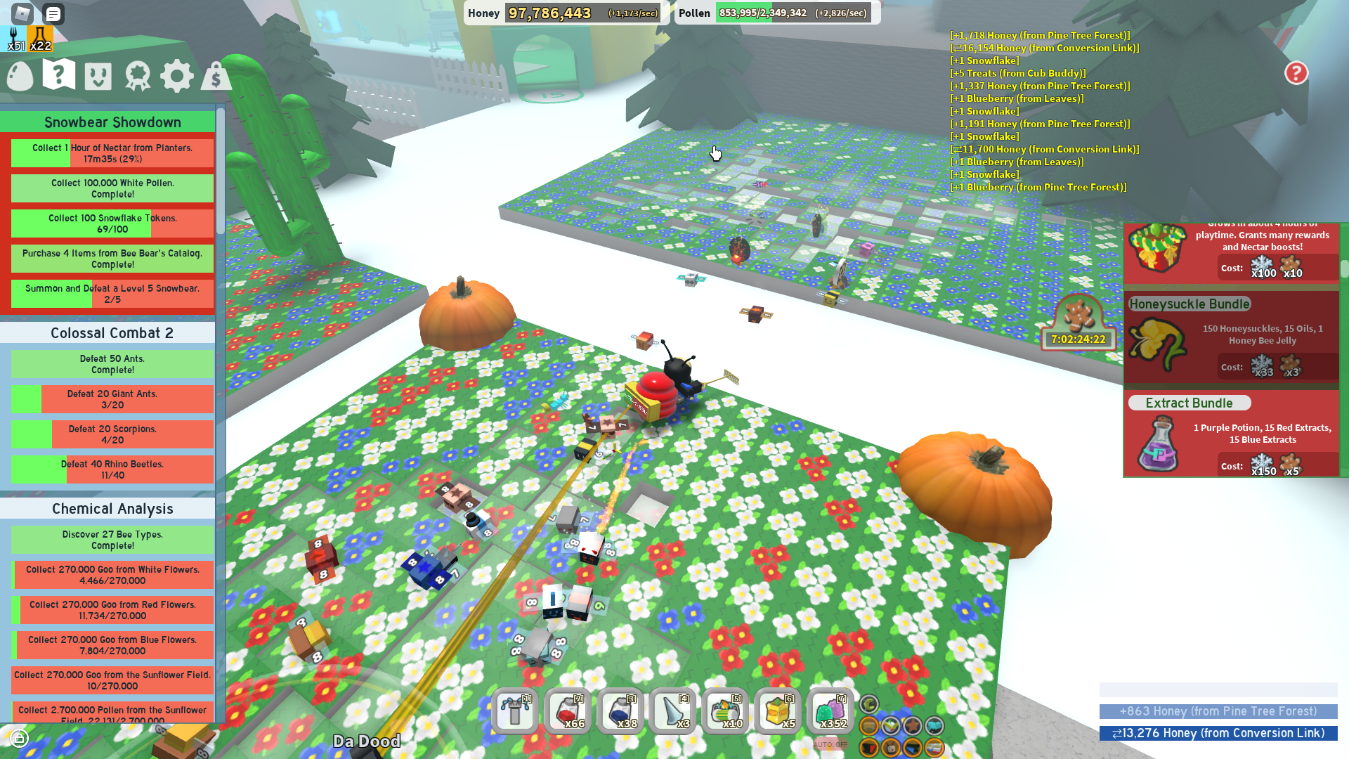 Me in Roblox Bee Swarm Simulator standing in the Pumpkin Field. The quest menu includes 'Collect 100 Snowflake Tokens 69/100'.