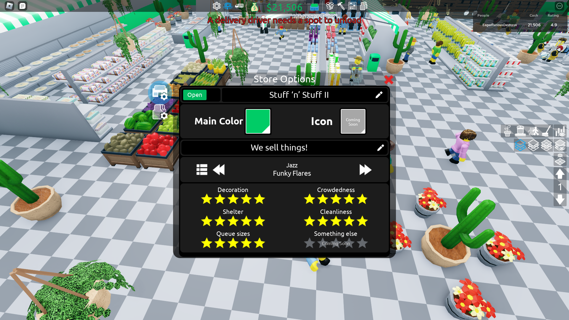 The Store Options screen in Roblox Retail Tycoon 2. Decoration, Shelter, Queue Sizes and Cleanliness are all at 5 stars while the 5th star of Crowdedness is 9/10 filled.