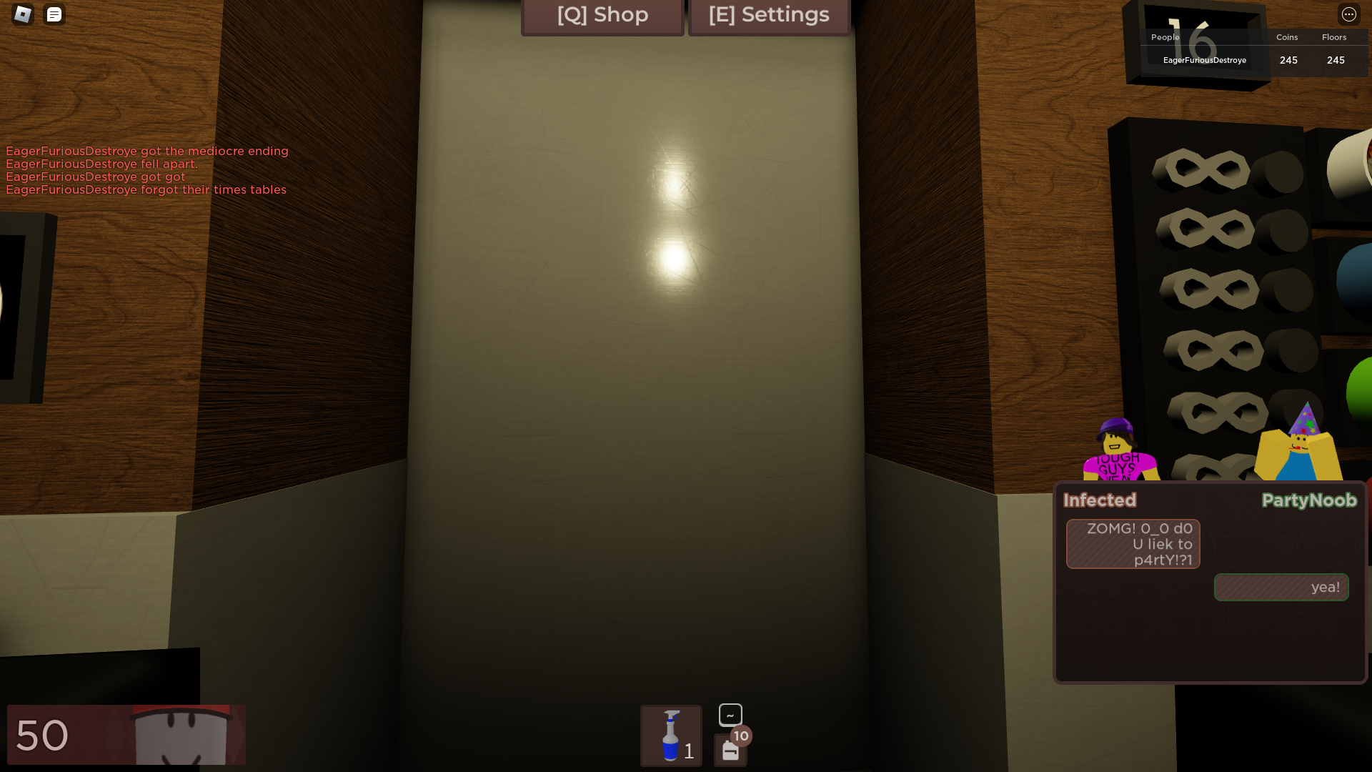 Me in Roblox Regretevator. The leaderboard states that I have 245 Coins and 245 Floors. There is an ongoing conversation between Infected, who is saying 'ZOMG! 0_0 d0 U liek to p4rtY!?1' with PartyNoob responding with 'yea!'.