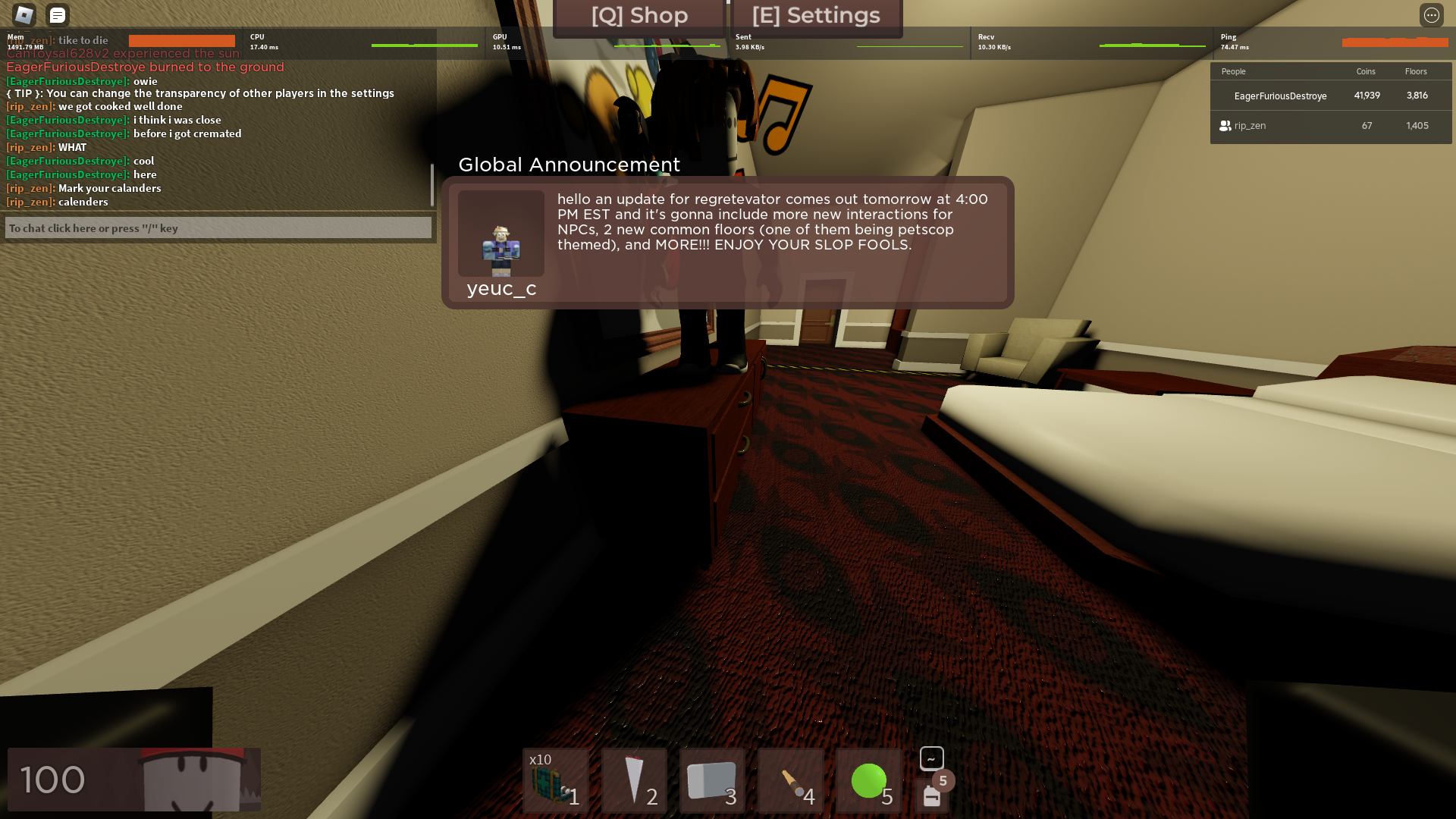 A global Regretevator announcement from yeuc_c reading "hello an update for regretevator comes out tomorrow at 4:00 PM EST and it's gonna include more new interactions for NPCs, 2 new common floors (one of them being petscop themed), and MORE!!! ENJOY YOUR SLOP FOOLS."