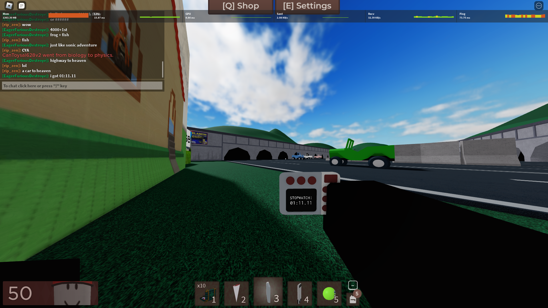 Me and my friend on the Cross the Highway floor. My final time was 1 minute, 11 seconds and 11 centiseconds.