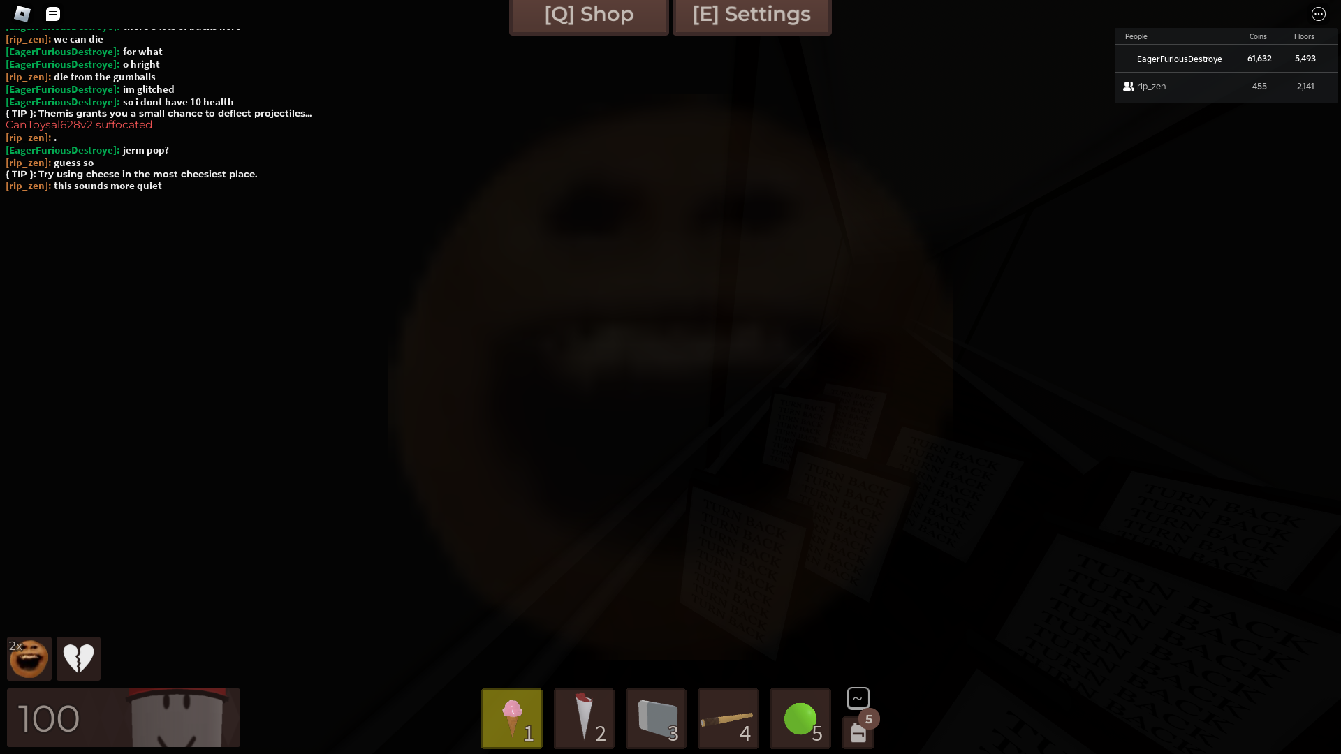 Me and my friend on the Neurotoxin Hotel floor. I have the "glitch" where I can have the cracked heart effect thingy that gives extra coins but without the health loss.