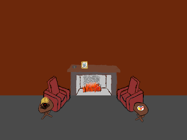 a living room with a fireplace and 2 sofas with side tables.