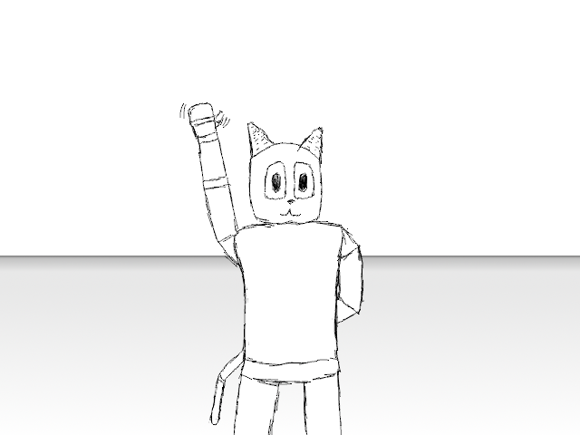 a simple white floor with kitta standing and white sky